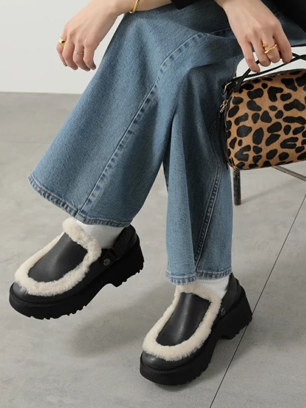 {UGG®} Esmee Faux Fur Trim Platform Leather Clogs